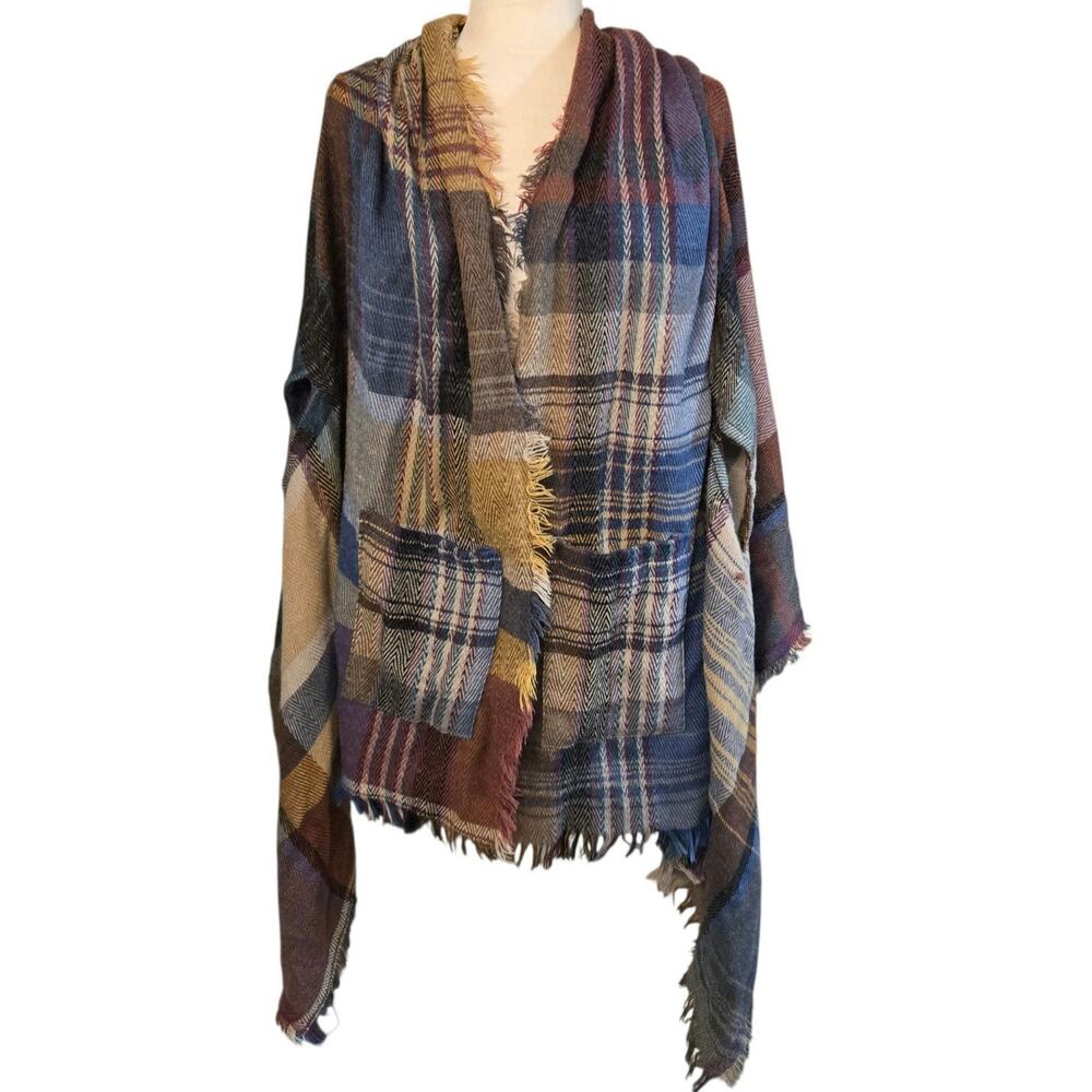 Boho Plaid Poncho Fringe Shawl Scarf Wrap With Pockets and Sleeves 37" x 81"
